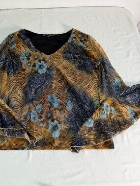 Jessica Max Sheer Mesh Top Women’s Large Paisley Floral Bell Sleeve Y2K Boho